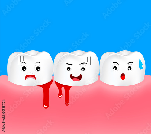 Cute cartoon tooth character with gum problem. Dental care concept, gingivitis and bleeding. Illustration on blue background.