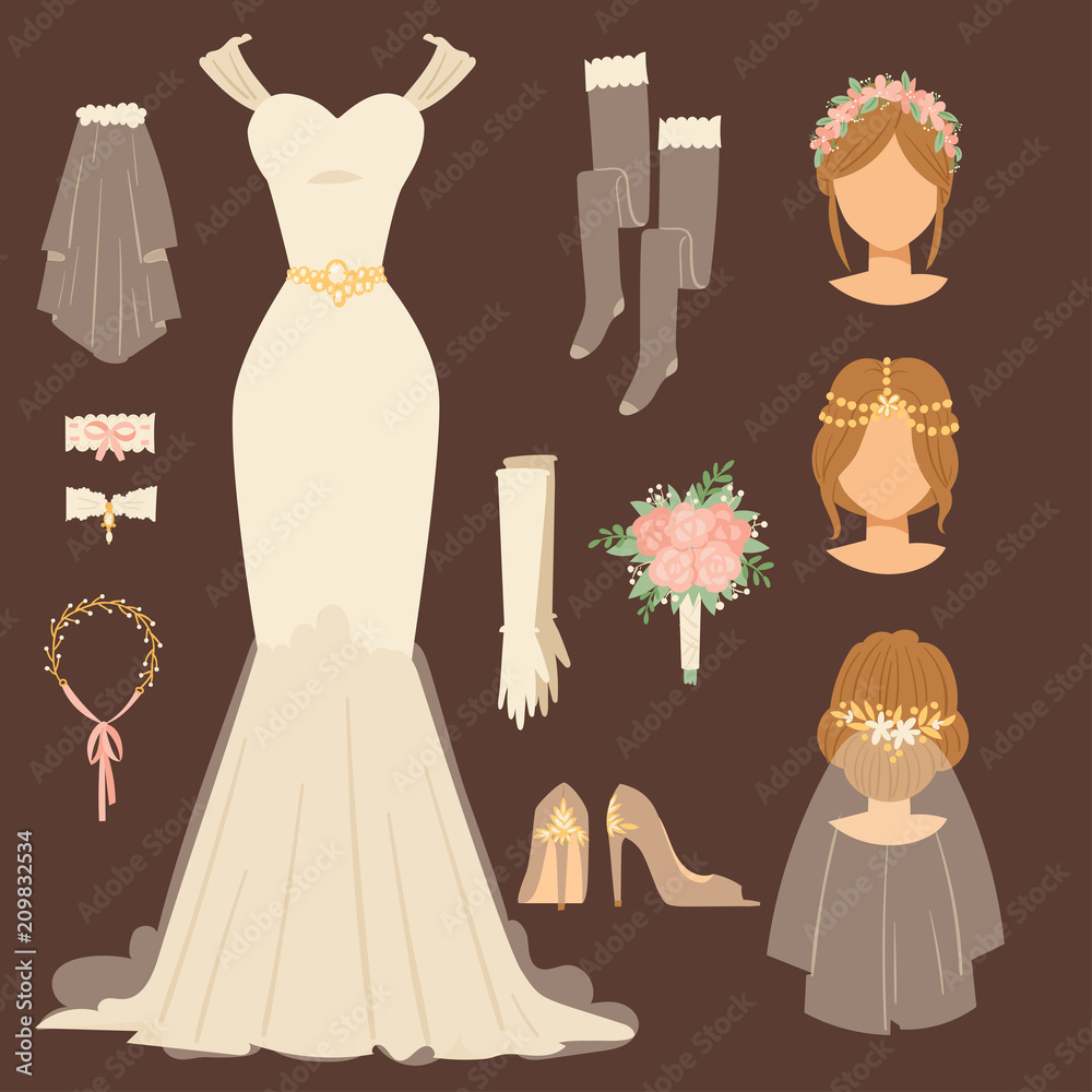 Wedding bride dress accessory vector celebration illustration fashion  bridal design modern marriage accessories silhouette. Stock Vector
