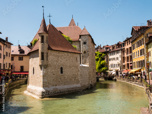 Cityscape with ancient prison now museum in Old Town of Annecy. France