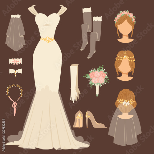 Wedding bride dress accessory vector celebration illustration fashion bridal design modern marriage accessories silhouette.