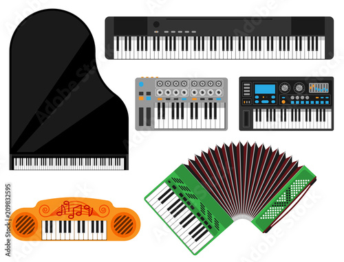 Keyboard musical instruments vector classical piano melody studio acoustic shiny musician equipment electronic sound illustration.