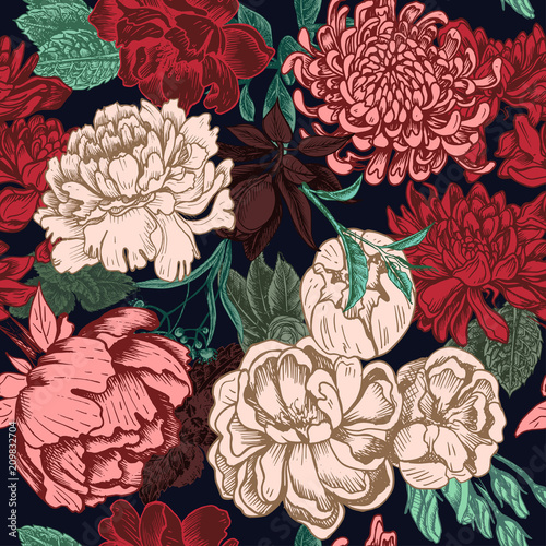Vector illustration sketch - card with flowers chrysanthemum, peony. Pattern with flowers. Dahlias, Ruscus, Viburnum.