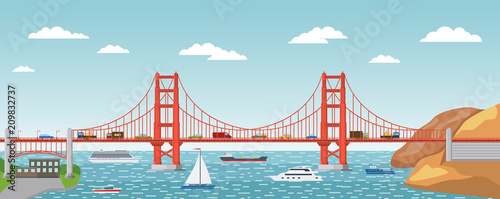 Vector illustration. Landscape of Golden Gate Bridge. Symbol of America.