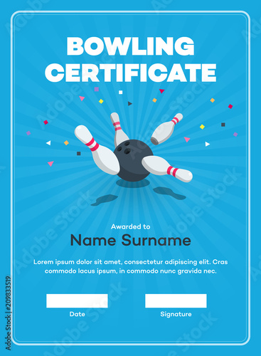 Modern bowling certificate with place for your content, scattered skittle and bowling ball isolated on blue background with transparent shadows.