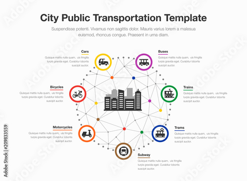 Infographic for city public transportation with colorful circles, icons and a city symbol in the middle isolated on light background. Easy to use for your website or presentation.