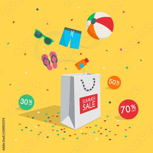 Special summer sale symbol with shopping bag, flying goods and confetti isolated on yellow background. Easy to use for your design with transparent shadows.