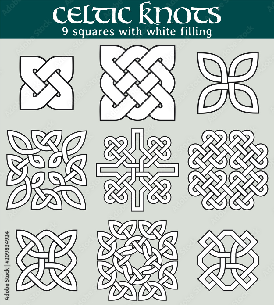 Celtic knots, squares with white filling. Set of 9 squares with celtic patterns to use in tattoos or designs.