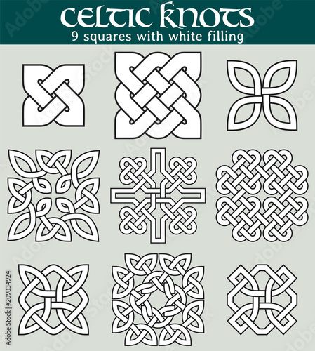 Celtic knots, squares with white filling. Set of 9 squares with celtic patterns to use in tattoos or designs. photo
