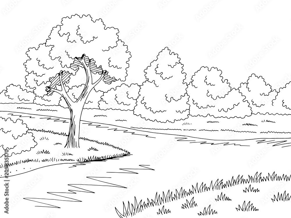 Forest river graphic black white landscape sketch illustration vector ...