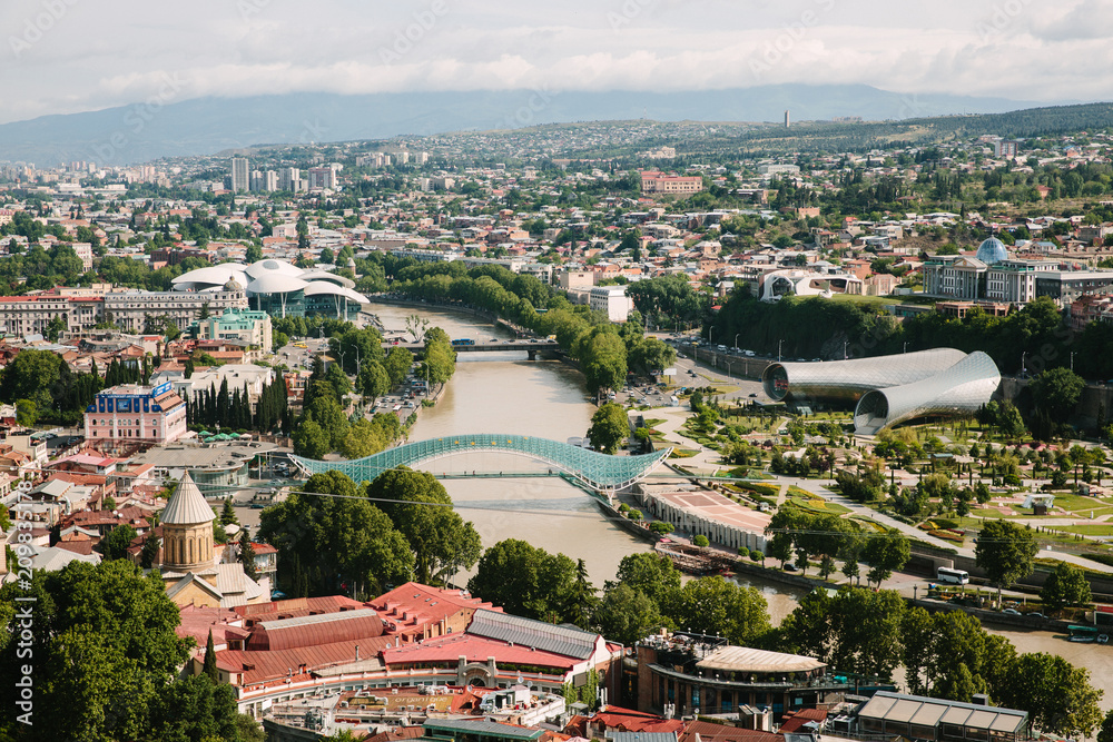 Panoramic view of Tbilisi city from the Narikala Fortress, old town and modern architecture. Tbilisi the capital of Georgia.