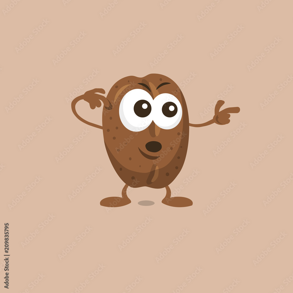 Illustration of cute surprised coffee bean mascot pointing to the right isolated on light background. Flat design style for your mascot branding.