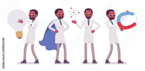 Male black scientist and giant things