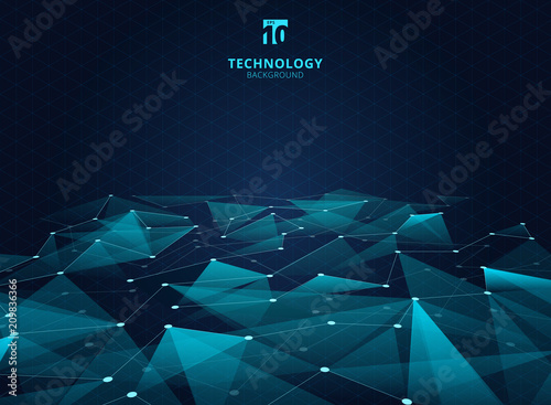 Abstract technology blue color triangles and low polygon with lines connecting dots structure perspective on grid background.