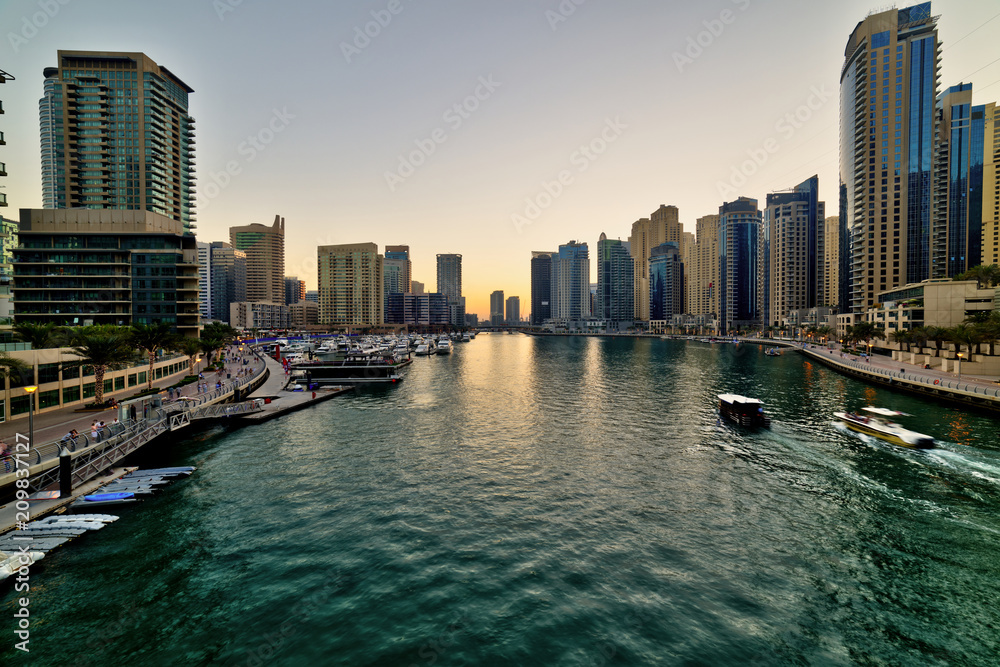 Dubai Marina at beautiful sunset, United Arab Emirates