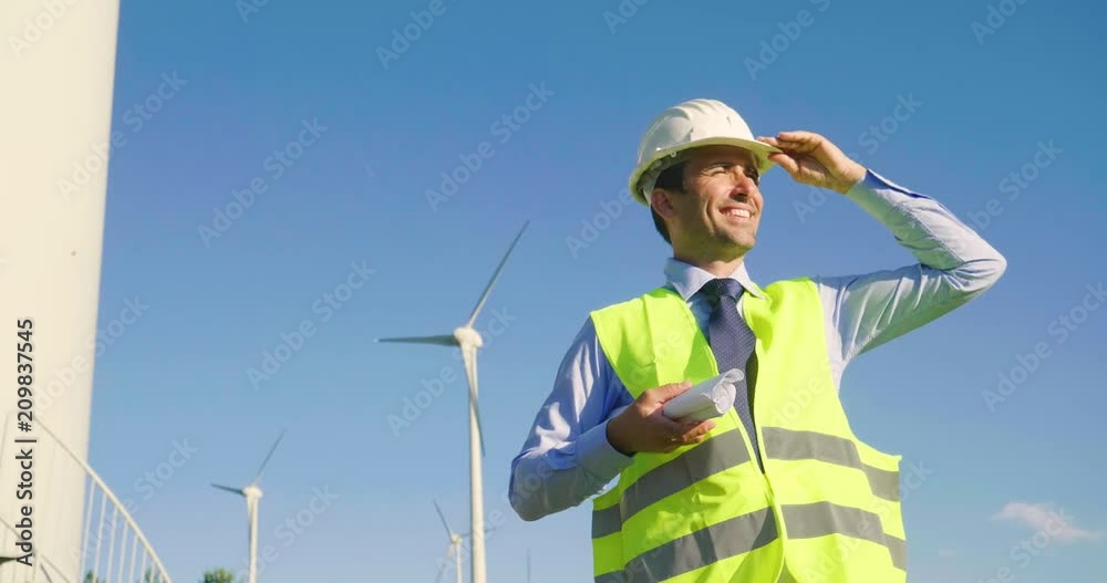 custom made wallpaper toronto digitalPortrait an engineer controls the functioning of wind turbines that run thanks to the force of the wind and generate electricity sustainably to the planet. Concept of: renewable energy,