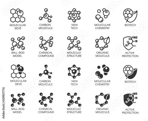 Set of molecule model buttons. Collection icons in line and glyph designs for scientific, chemistry, physical, medical, educational projects. Outline and black flat logos. Vector illustration isolated