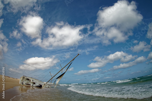Island Boa Vista in Cape Verde, landscape - seaside with shipwreck of the sailing ship