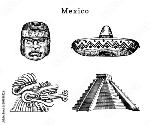 Drawn set of famous Mexican attractions. Vector illustrations of Olmec and Aztec sights. Latin American tourist symbols.