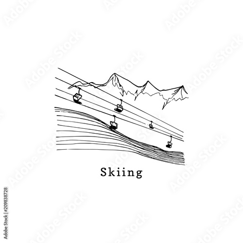 Vector hand sketches of ski lift.Mountain downhill illustration for poster, label etc.