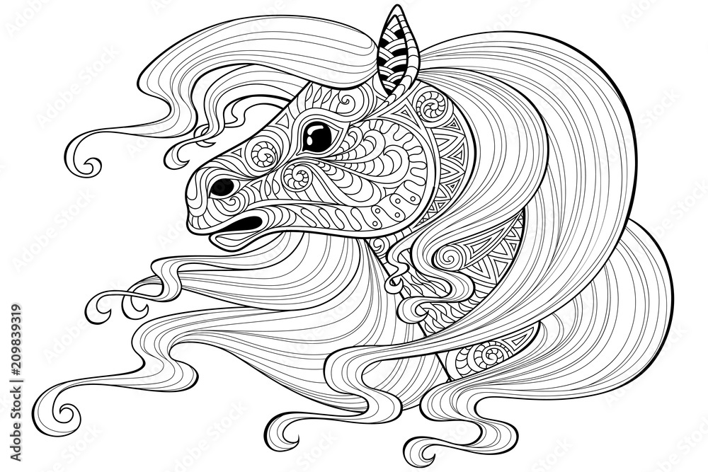 Horse with long hair.Tattoo or adult antistress coloring page. Black ...