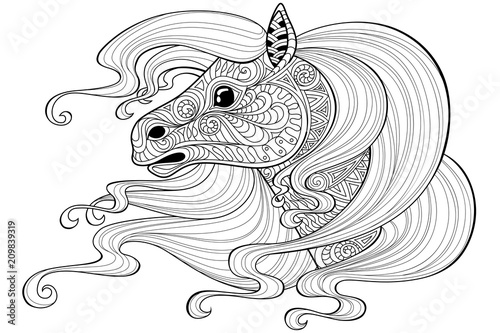 Horse with long hair.Tattoo or adult antistress coloring page. Black and white hand drawn doodle for coloring book