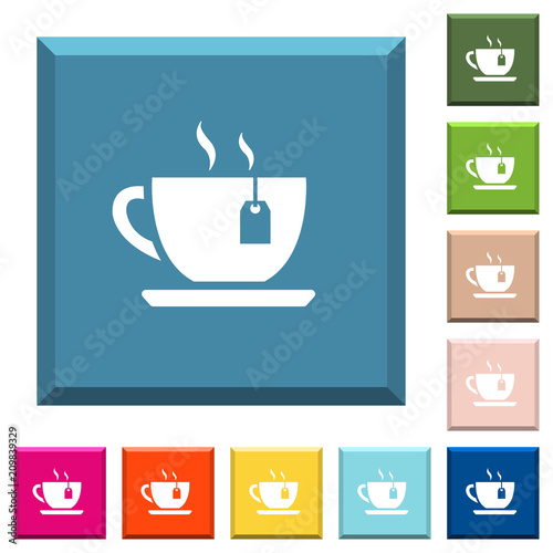 Cup of tea with teabag white icons on edged square buttons