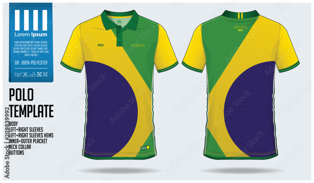 Brazil Team Polo t-shirt sport template design for soccer jersey, football  kit or sportwear. Classic collar sport uniform in front view and back view.  T-shirt mock up for sport club. Vector Stock