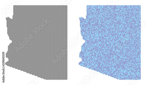 Dotted Arizona State map variants. Vector geographic schemes in black color and cold blue color tones. Abstract concept of Arizona State map designed with sphere item matrix. photo