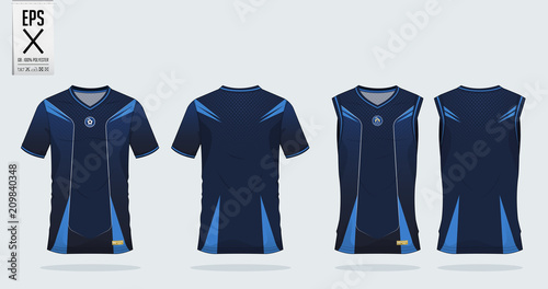 Blue Polo t-shirt sport template design for soccer jersey, football kit or sportwear. Sport uniform in front view and back view. T-shirt mock up for sport club. Vector Illustration.