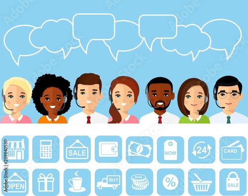 Set of shopping icon, avatar of online customer support service assistants with headphones. Vector illustration in flat design.