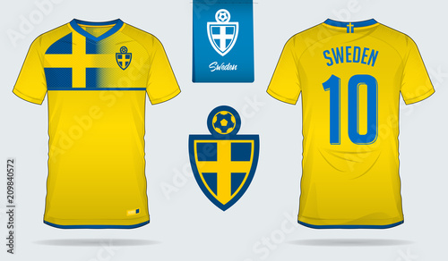 Soccer jersey or football kit template design for Sweden national football team. Front and back view soccer uniform. Football t shirt mock up with flat logo design. Vector Illustration