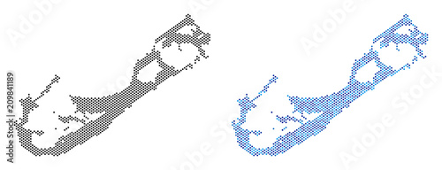 Dotted Bermuda Island map variants. Vector territory plans in black color and blue color tints. Abstract mosaic of Bermuda Island map done from spheric item pattern.