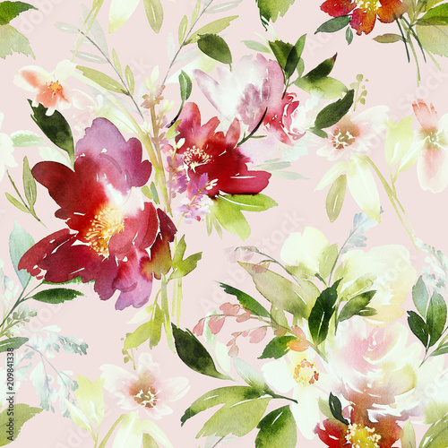 Seamless summer pattern with watercolor flowers handmade.