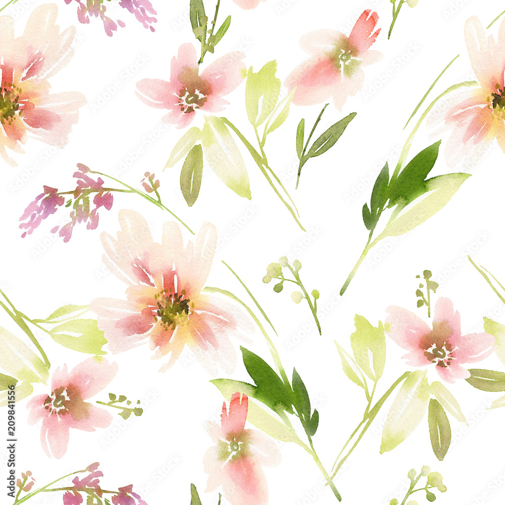 Fototapeta Seamless summer pattern with watercolor flowers handmade.