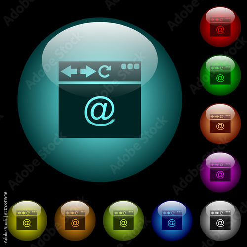 Browser email icons in color illuminated glass buttons