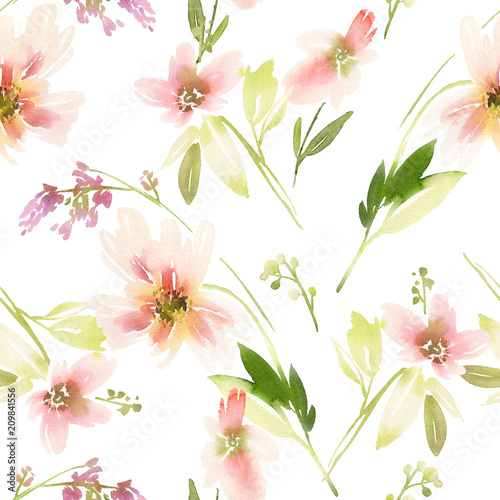 Seamless summer pattern with watercolor flowers handmade.