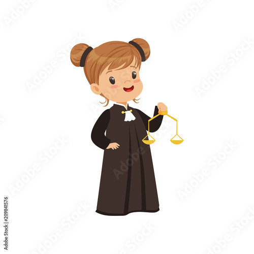 Cute judge girl cartoon character holding golden scales of justice vector Illustration on a white background