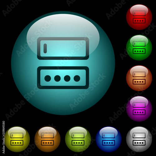 Entering login name and password icons in color illuminated glass buttons