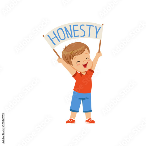 Cute boy holding message board with text Honesty over his head vector Illustration on a white backgroun