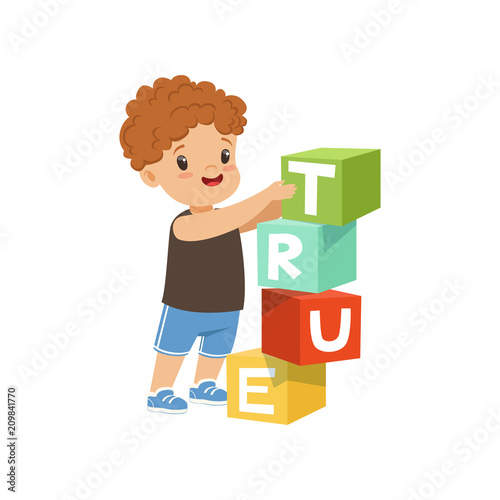 Cute boy stacking up cube tower forming a True word vector Illustration on a white background