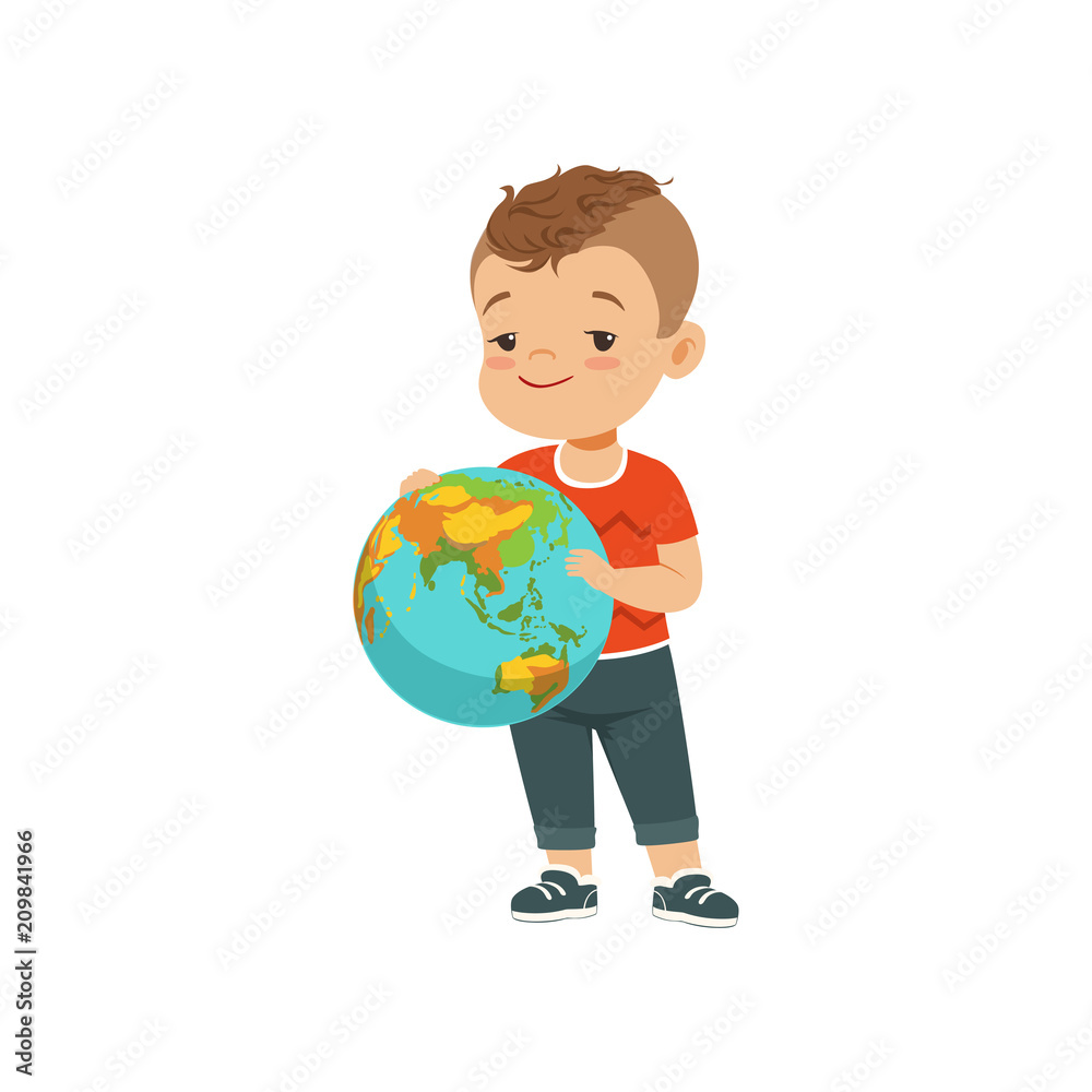 Cute little boy holding globe, kid protecting Earth planet vector Illustration on a white background Cute little boy holding globe, kid protecting Earth planet vector Illustration on a white background