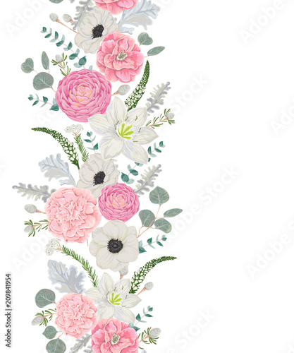 Decorative holiday border with beautiful flowers, leaves and branches in watercolor style. Vintage floral design. Vector illustration