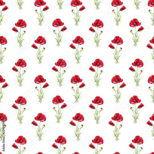 Floral seamless pattern with red poppies. Imitation of watercolor. Drawing with alcohol markers.