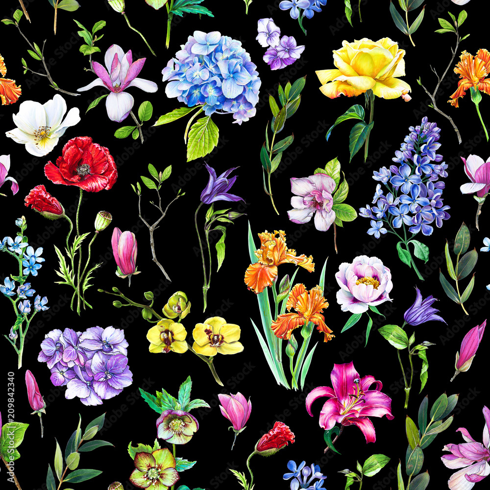 Naklejka premium Multi-floral seamless pattern with different flowers. Bright and colorful illustration of a hydrangea, lilac, rose, orchid and other flowers on a black background.
