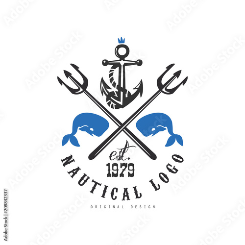Nautical logo original design est 1979, retro emblem with marine elements for nautical school, sport club, business identity, print products vector Illustration on a white background