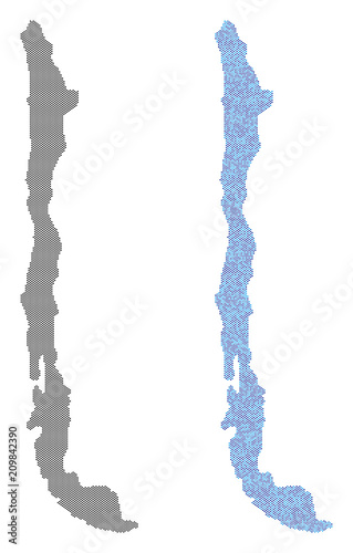 Dot Chile map variants. Vector territory schemes in black color and cold blue color tints. Abstract composition of Chile map created with sphere pixel array.