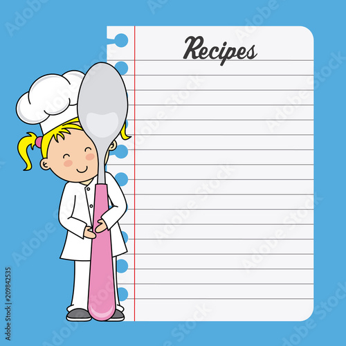 Chef girl with a spoon and blank sheet to write recipes