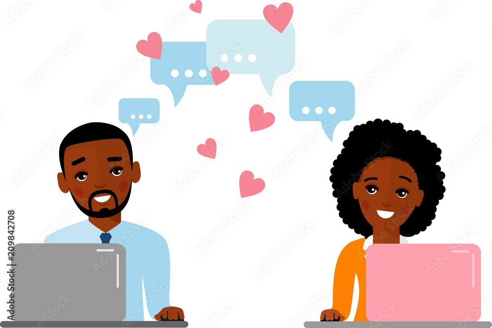 Vector illustration of african american romantic people in love in flat style.