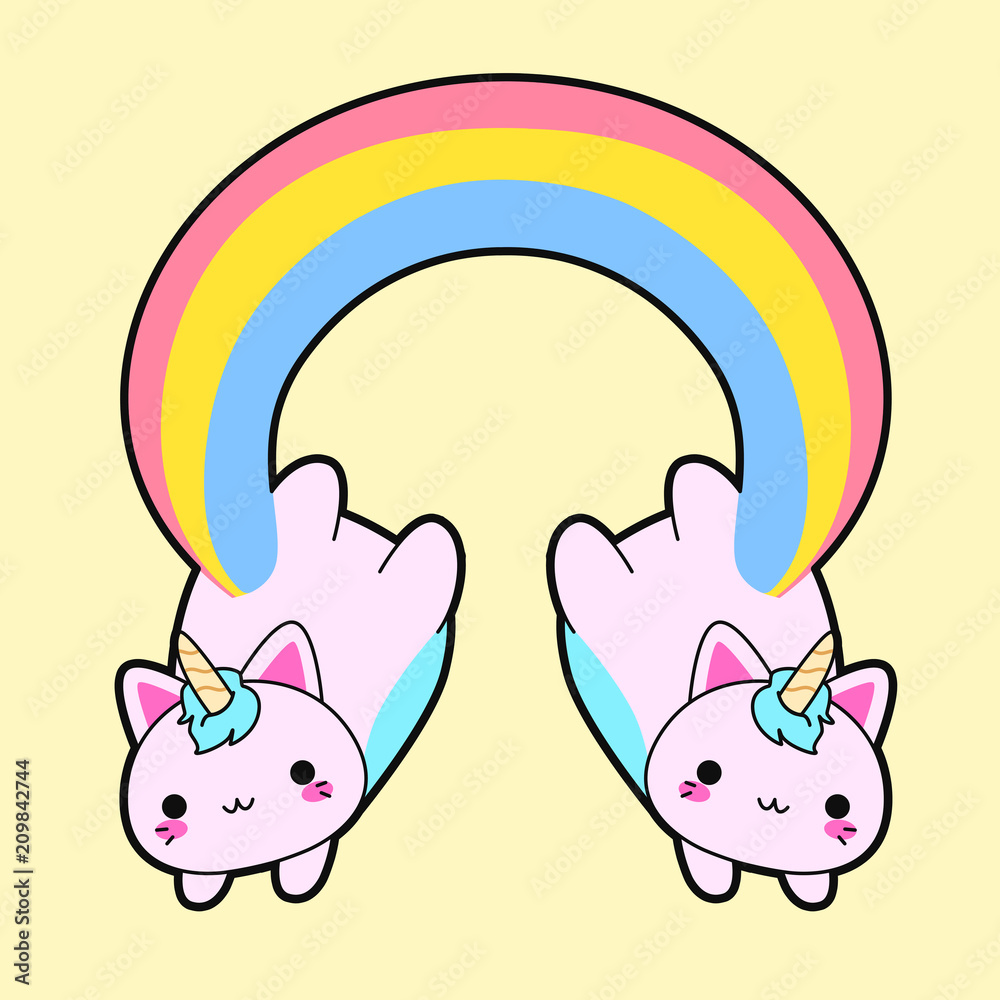 Obraz premium Illustration of a double cute fat pink cat with a horn and a long rainbow tail. This kawaii hybrid between feline and unicorn is full of happiness and is try to distribute equal love for all. This cat