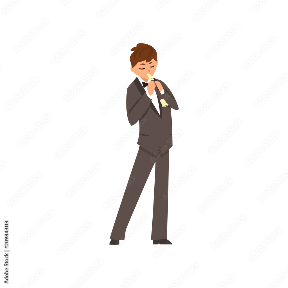 Male musician playing flute, flutist man wearing black elegant suit playing classical music vector Illustration on a white background Male musician playing flute, flutist man wearing black elegant suit playing classical music vector Illustration on a white background